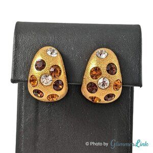 VTG 80s Jackie Collins Dome Half Circle Rhinestone Gold Tone Clip On Earrings